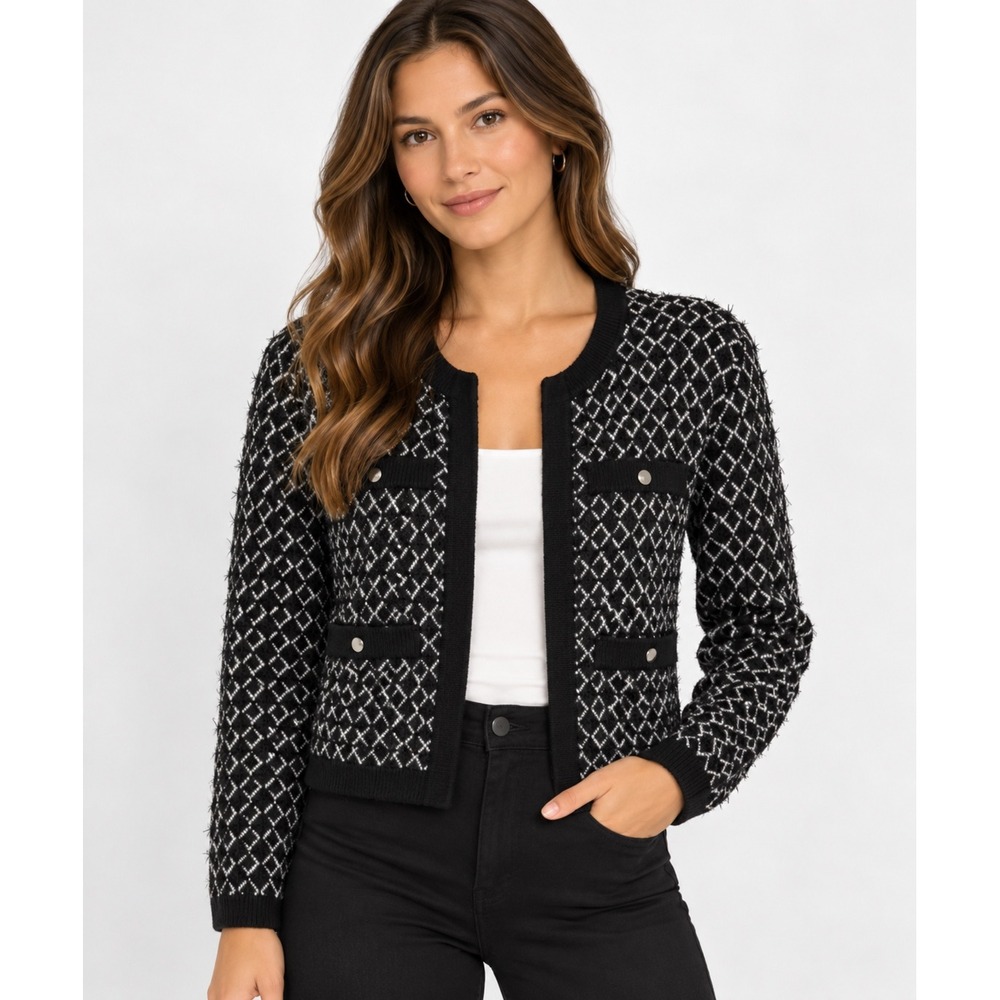WHBM Black White Diamond Lattice Eyelash Knit Cropped Cardigan Sweater XS